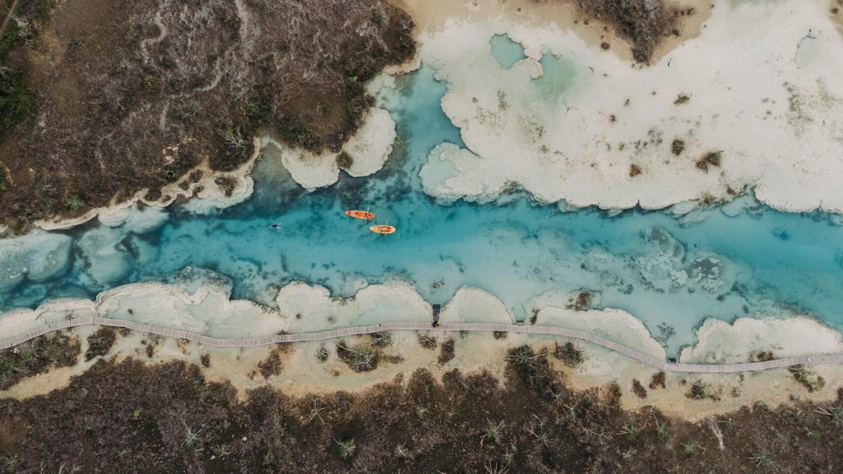 Vue aérienne kayak traverse lagune Bacalar Mexique