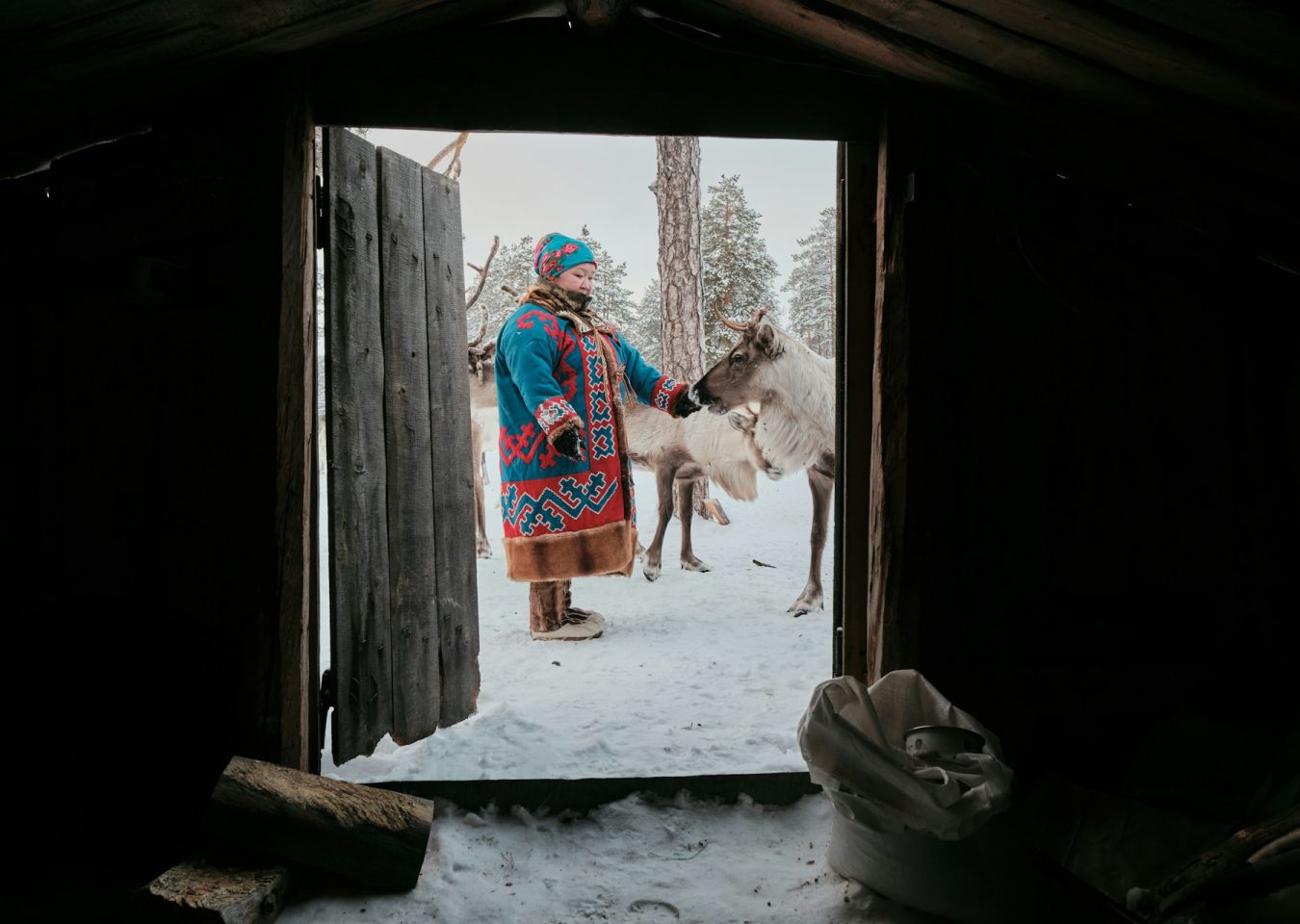 Rencontre avec une éleveuse de rennes en tenue traditionnelle dans un paysage enneigé de Laponie finlandaise.