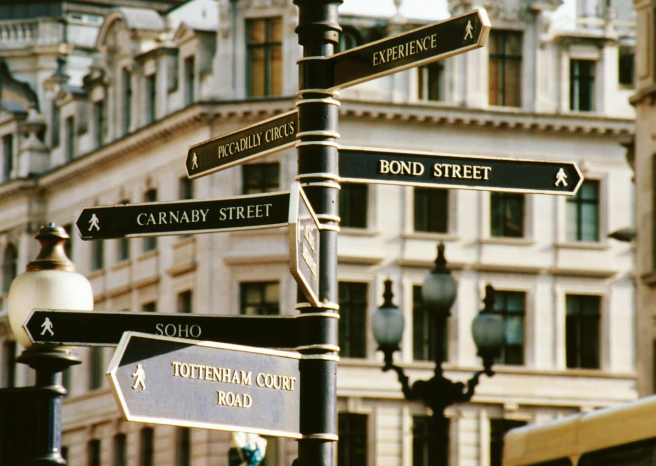 Panneaux indiquant Soho, Carnaby Street, Bond Street et Piccadilly Circus à Londres
