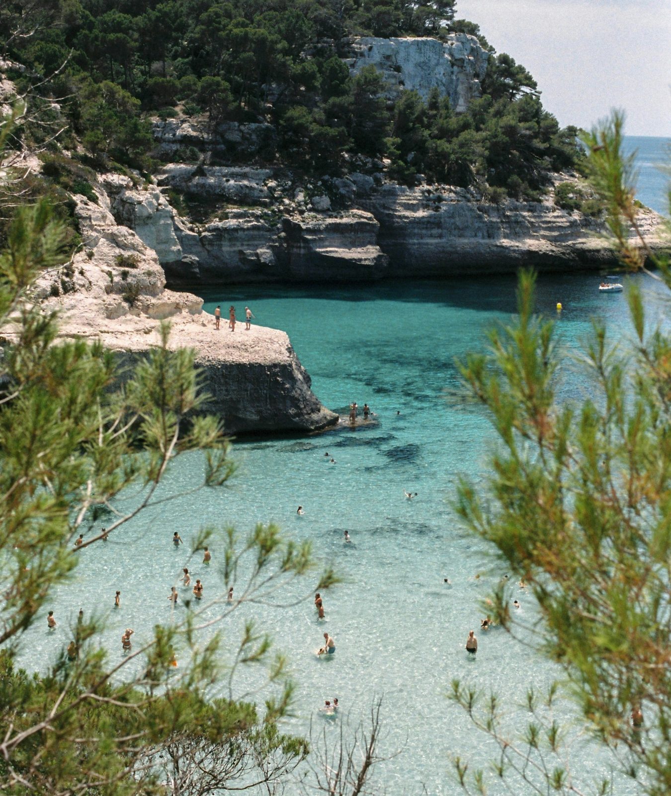 Cala aux eaux cristallines entourée de falaises et de pins sur l'île de Minorque.