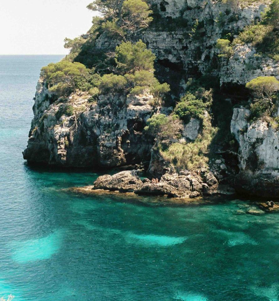 Crique sauvage aux eaux turquoise bordée de falaises et de pins à Minorque.