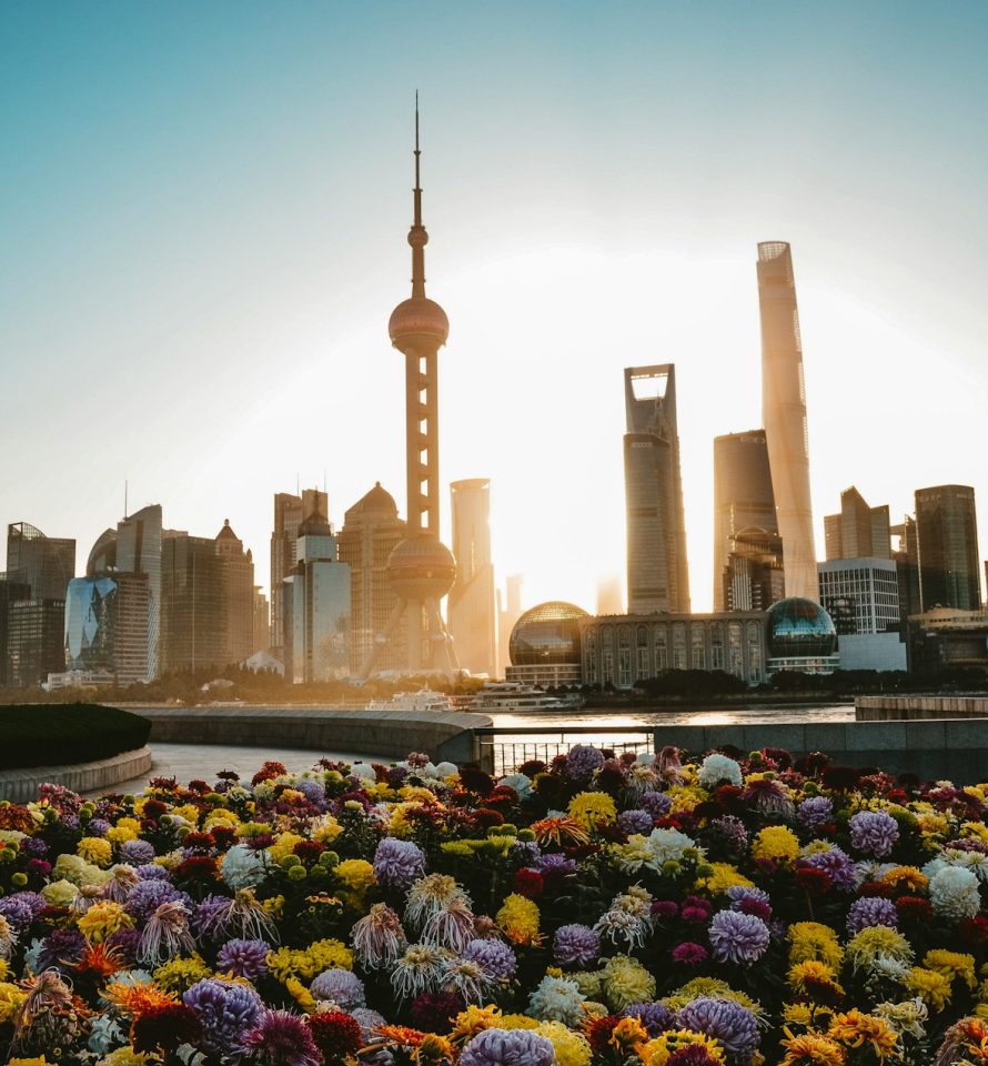 Skyline de Pudong à Shanghai au coucher du soleil
